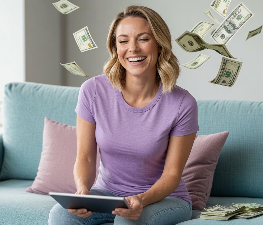 Woman with pad, bank notes raining